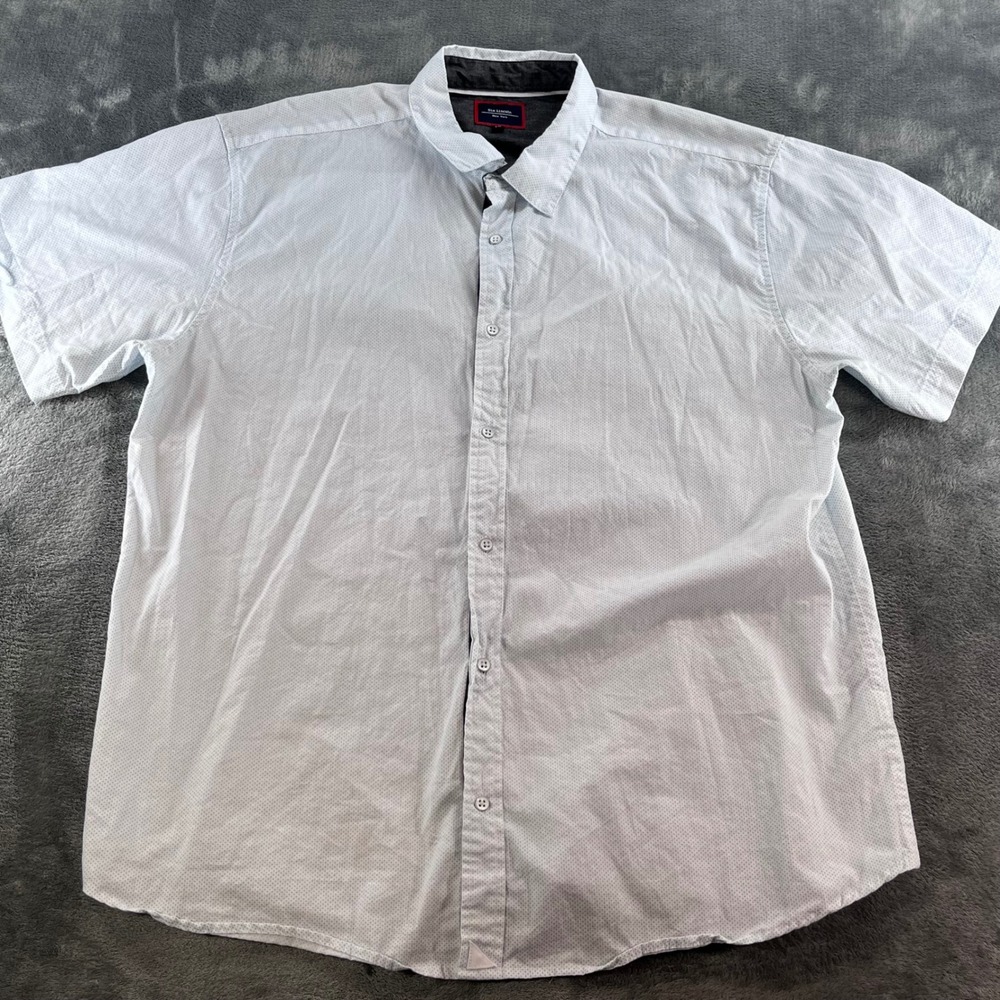 Six Lincoln New York Mens 2X White Blue Micro Print Cotton Short Sleeve Shirt